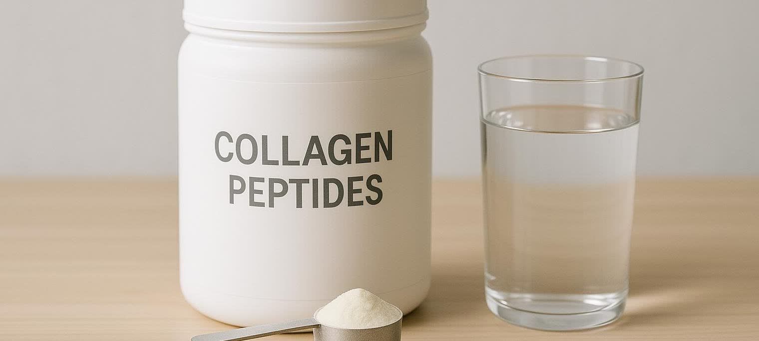A jar of collagen peptides, a scoop, and a glass of water arranged neatly, representing collagen supplementation.
