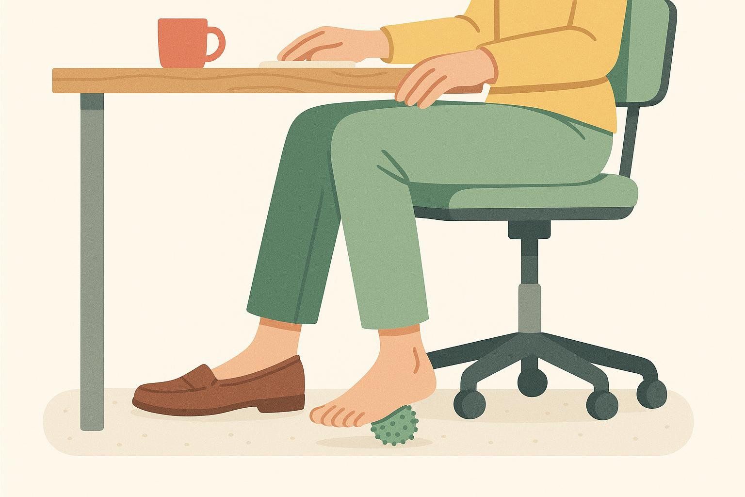 An illustration of a person sitting at a desk, rolling their bare foot over a green spiky massage ball for relaxation and pain relief.