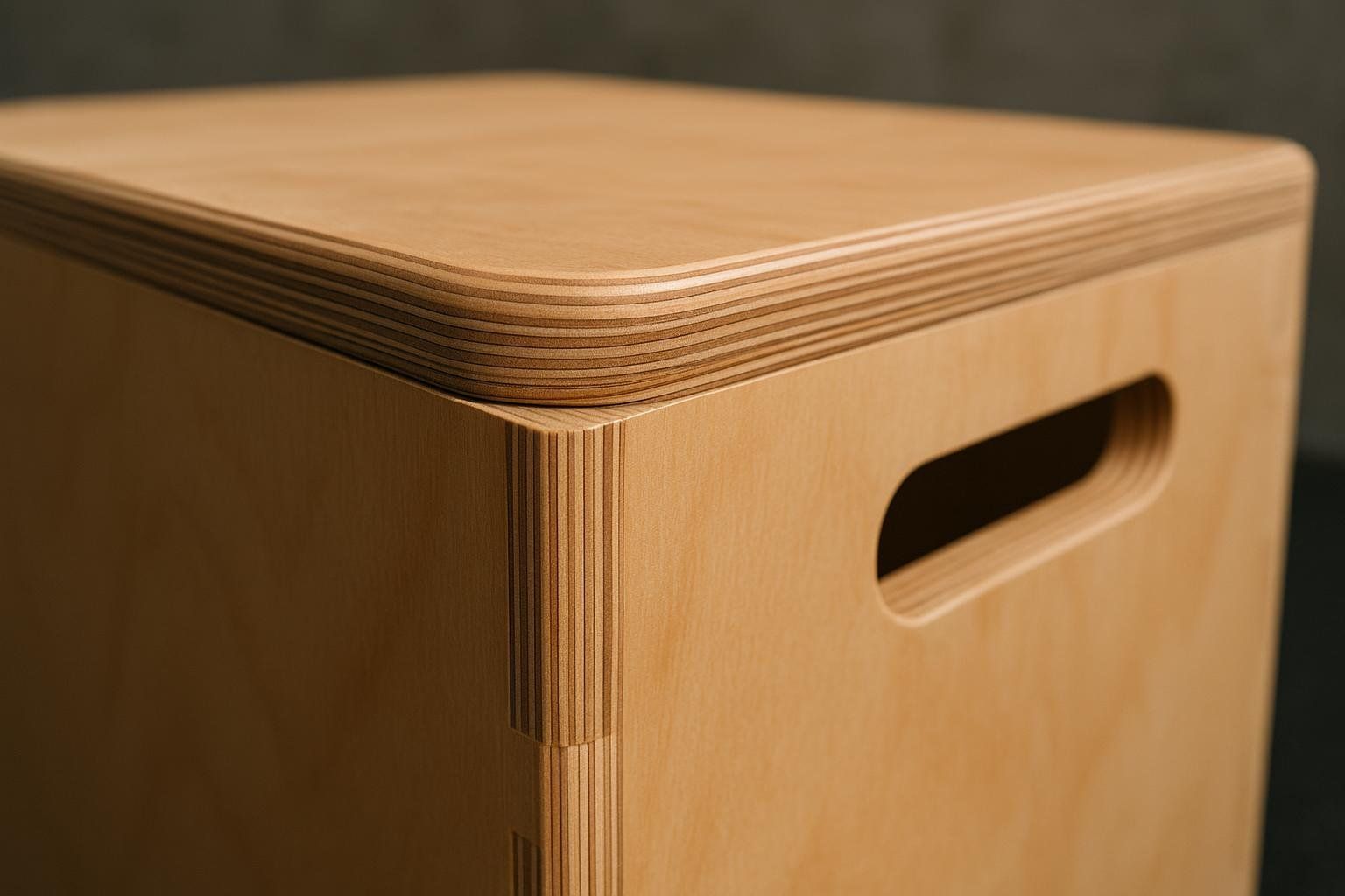 Close-up on the corner of a well-made wooden plyo box, highlighting its rounded edges and strong construction, including visible layers of plywood.