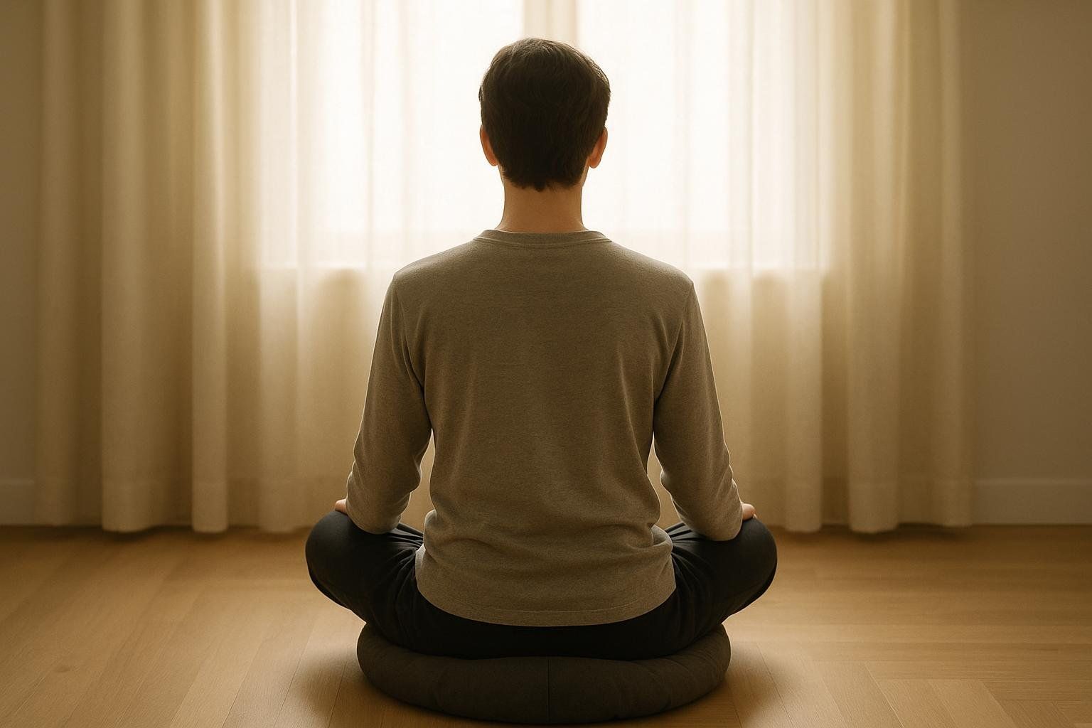 A person seen from behind, sitting in a meditative posture on a cushion in front of a window with sheer curtains. The room has light wood floors.