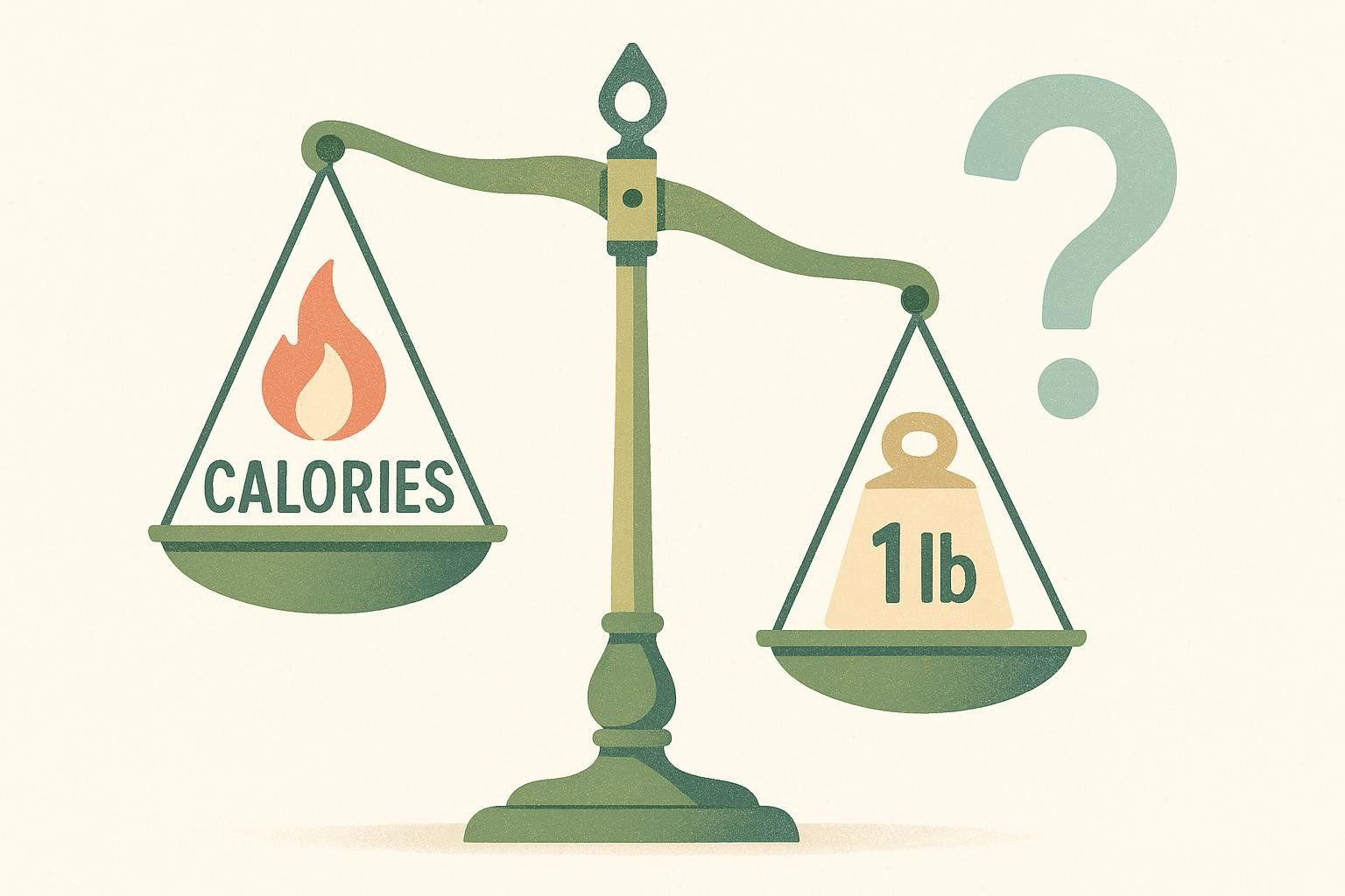 Illustration of a scale imperfectly balancing calories and 1 lb of fat, with a question mark to show it's a simplified rule.