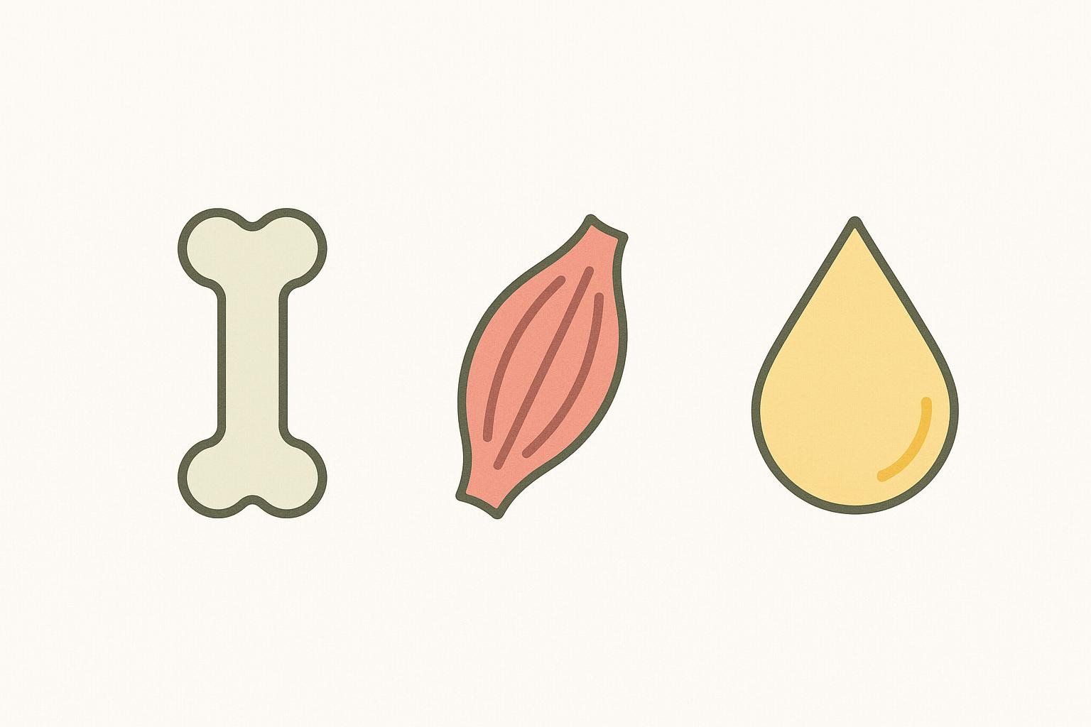 Minimalist cartoon style icons for bone, muscle, and fat, representing body composition. The bone is depicted as a white bone, the muscle a pink blob with lines, and the fat as a yellow tear drop.
