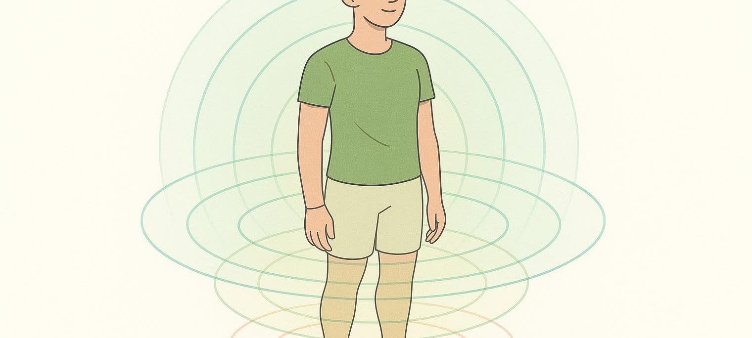 Stylized illustration of a person undergoing a body composition analysis, represented by concentric circles emanating outwards from the body.
