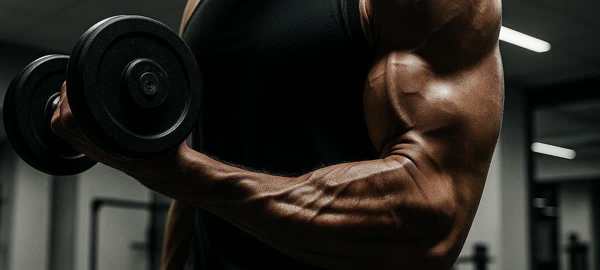 Close-up of a muscular arm as a person performs a bicep curl with a dumbbell in a gym. The arm shows prominent veins and muscle definition.