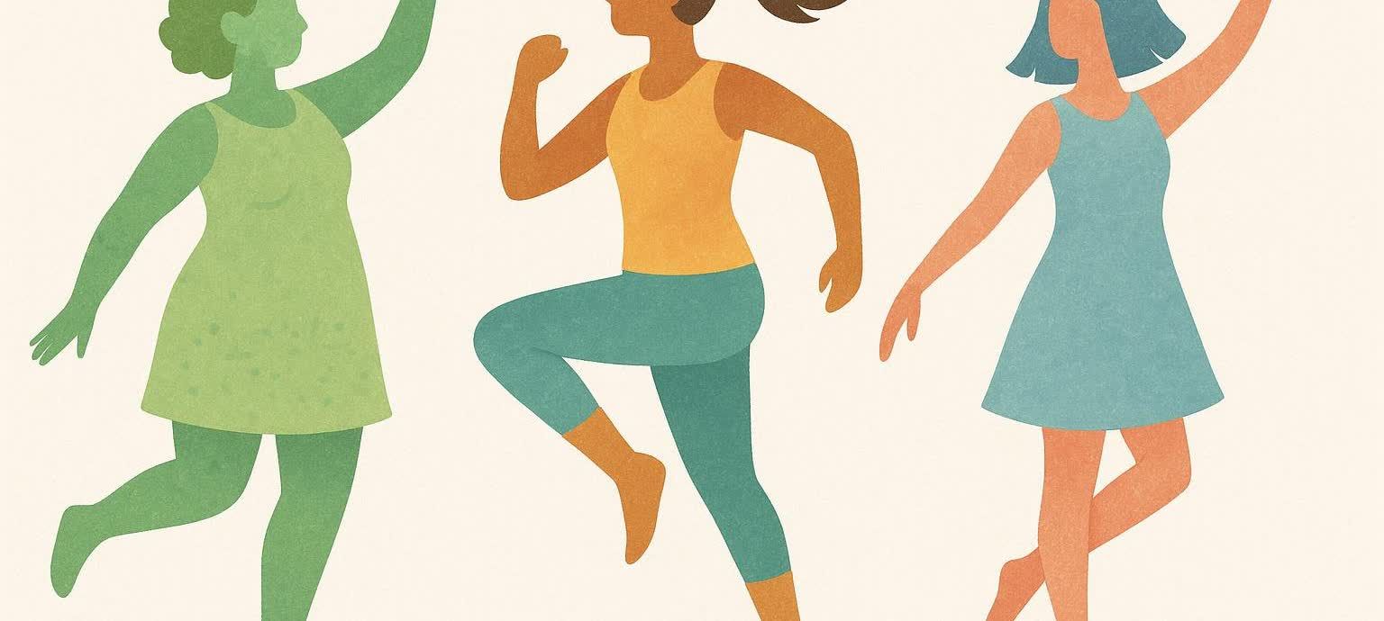 Stylized illustration of three diverse female silhouettes in active poses, symbolizing health and energy.