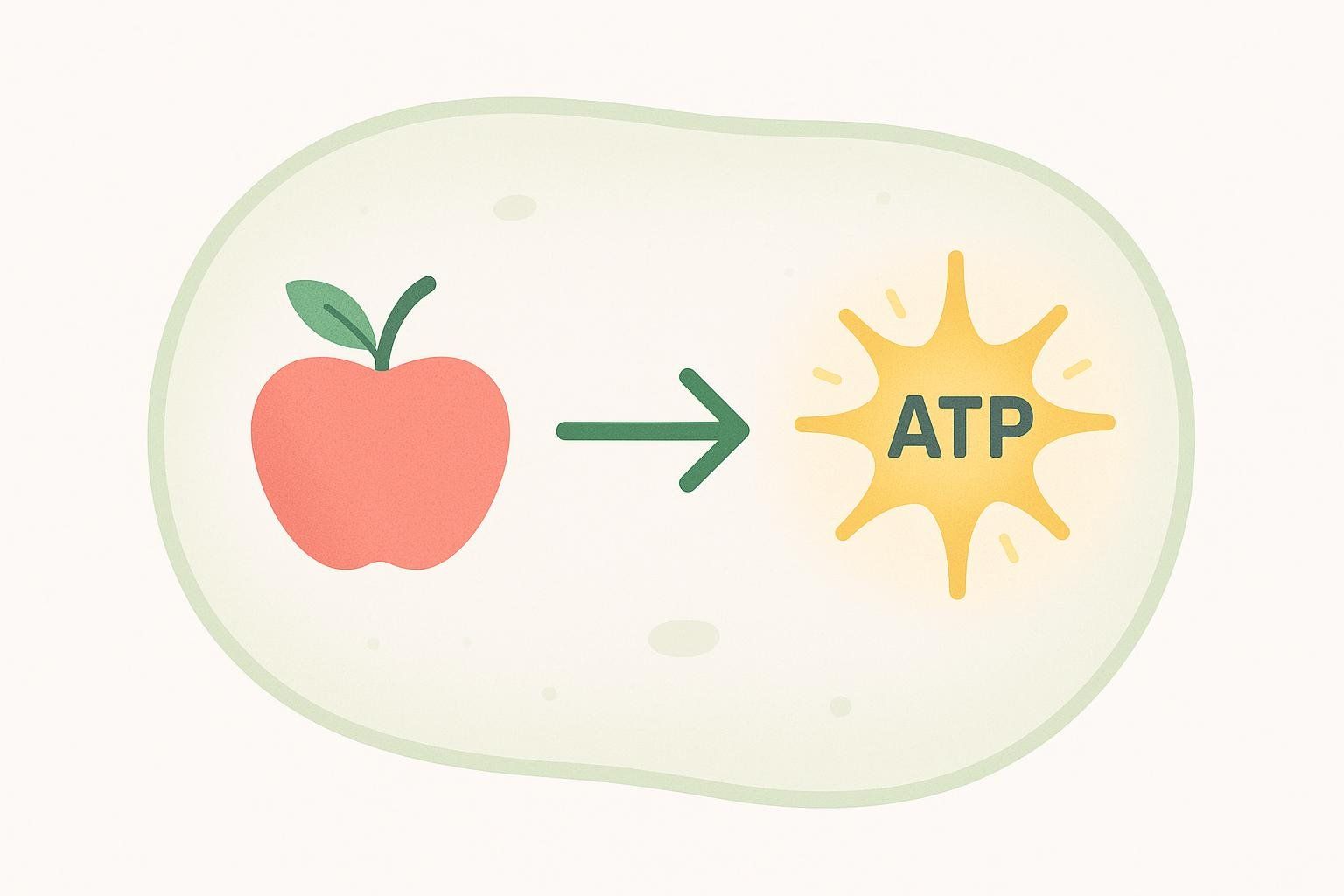 An illustration showing a red apple on the left, an arrow pointing right in the middle, and a yellow, star-like burst with 'ATP' written inside on the right. The entire scene is contained within a light green, oval shape, signifying a cell, representing the conversion of food into ATP for energy.