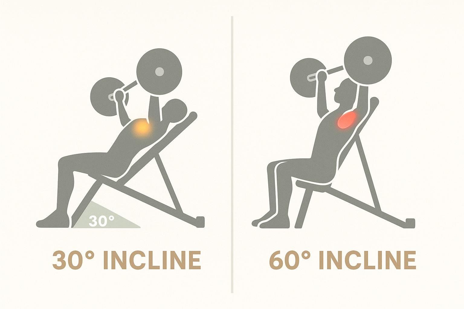 Infographic showing two gray figures on incline benches pressing barbells. The figure on the left is at a 30-degree incline, with the upper chest highlighted in yellow, indicating primary muscle activation. The figure on the right is at a 60-degree incline, with the shoulders highlighted in red, indicating primary muscle activation. The text below reads "30° INCLINE" and "60° INCLINE" respectively.