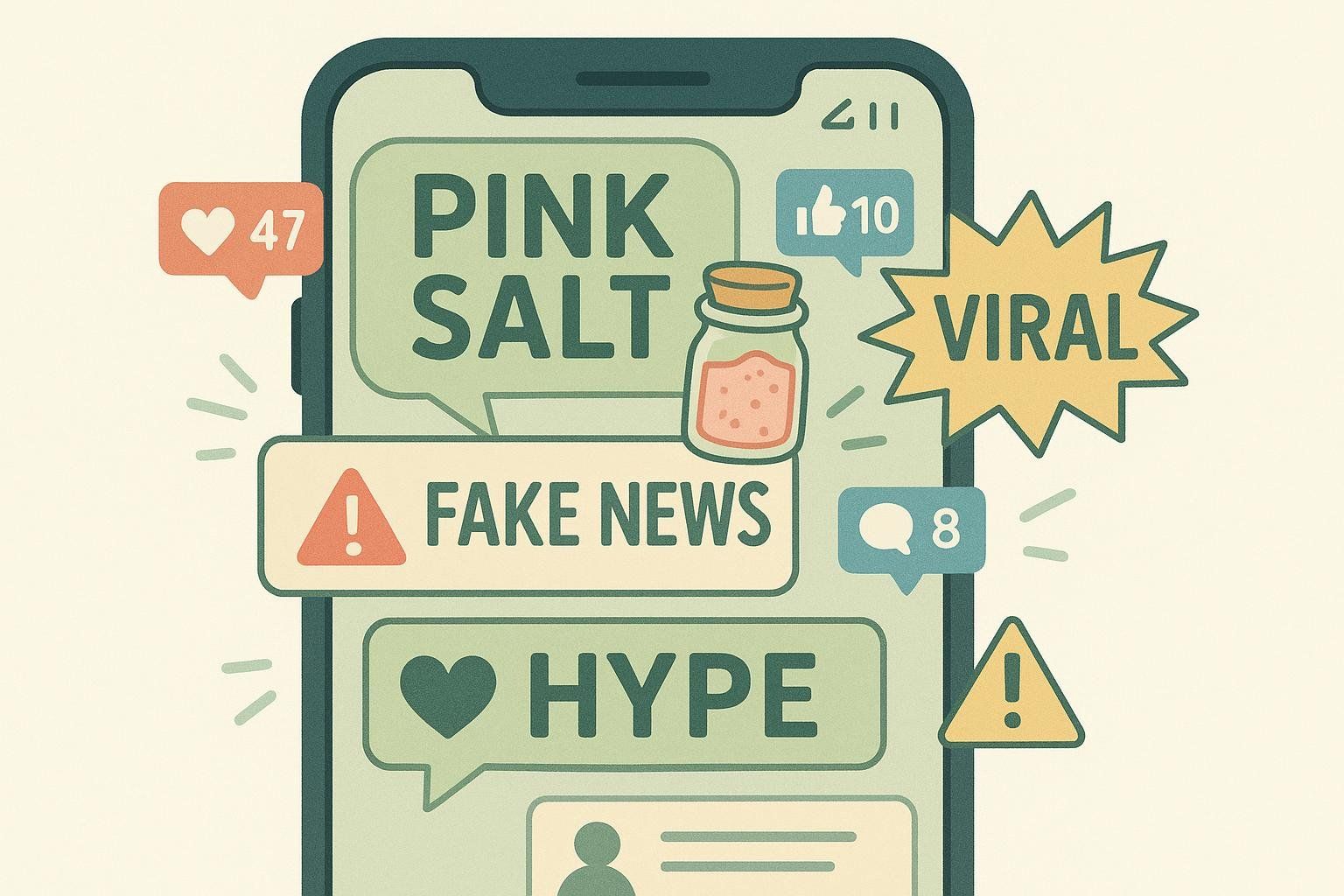 An illustration of a smartphone screen displaying a chaotic social media feed. Speech bubbles read 'PINK SALT', 'FAKE NEWS', and 'HYPE'. Icons for likes, comments, and a 'VIRAL' burst are also present, reflecting the spread of online trends and misinformation.