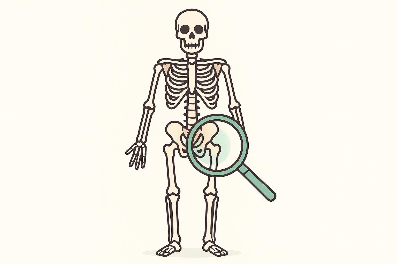 An illustration of a skeleton with a magnifying glass highlighting the hip and spine bones, representing a diagnostic bone density test.