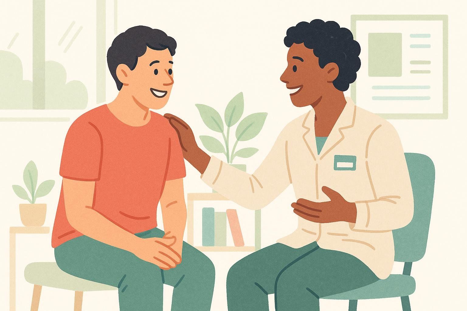 Illustration of a person talking to a clinician who has their hand on the person's shoulder. Both appear to be smiling and engaged in conversation. The clinician wears a lab coat, and the person wears a red t-shirt and green pants. Plants and a document hang in the background.