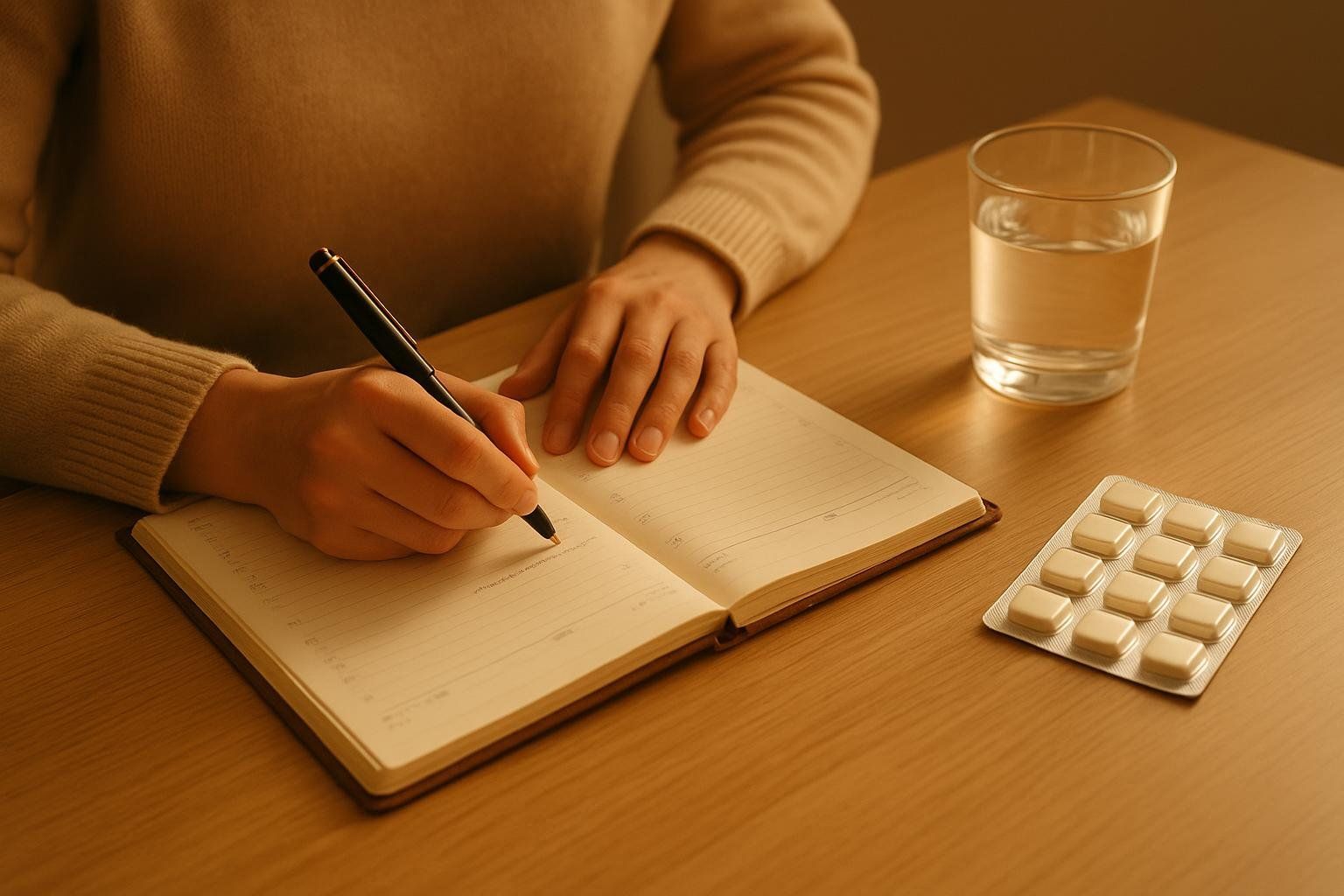 A person writing in a journal on a wooden table, with nicotine gum in blister packaging and a glass of water nearby, suggesting planning for smoking cessation.