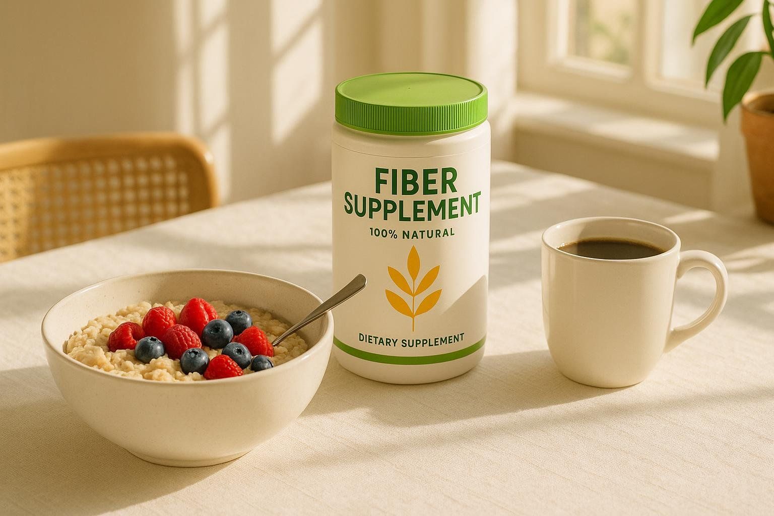 A white container of 'Fiber Supplement' with a green lid, placed next to a bowl of oatmeal topped with raspberries and blueberries, and a mug of coffee. The items are on a light-colored tablecloth, with a window and a houseplant in the background, suggesting a healthy morning routine.