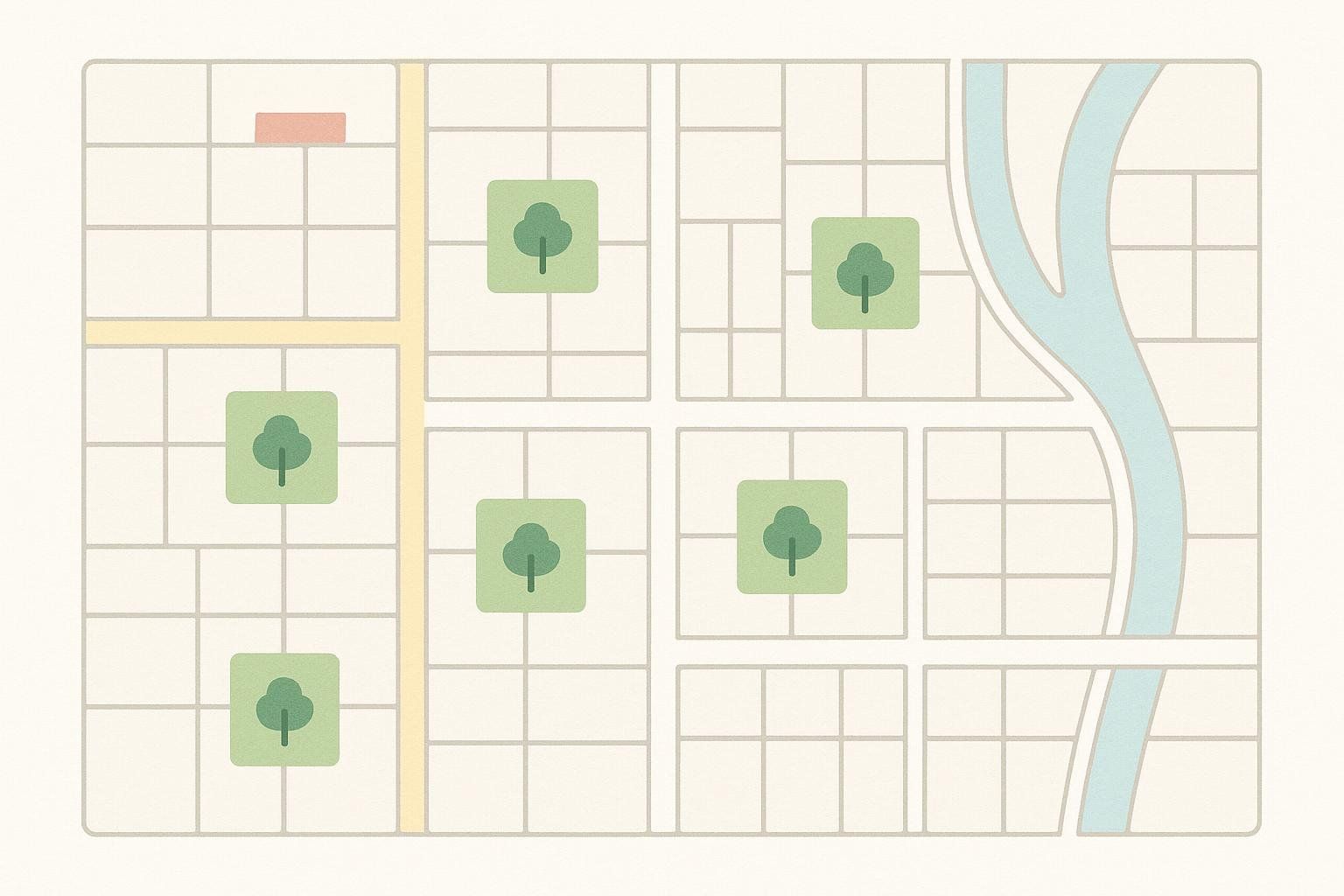 Stylized map showing green park icons distributed across city blocks, with a river and roads.