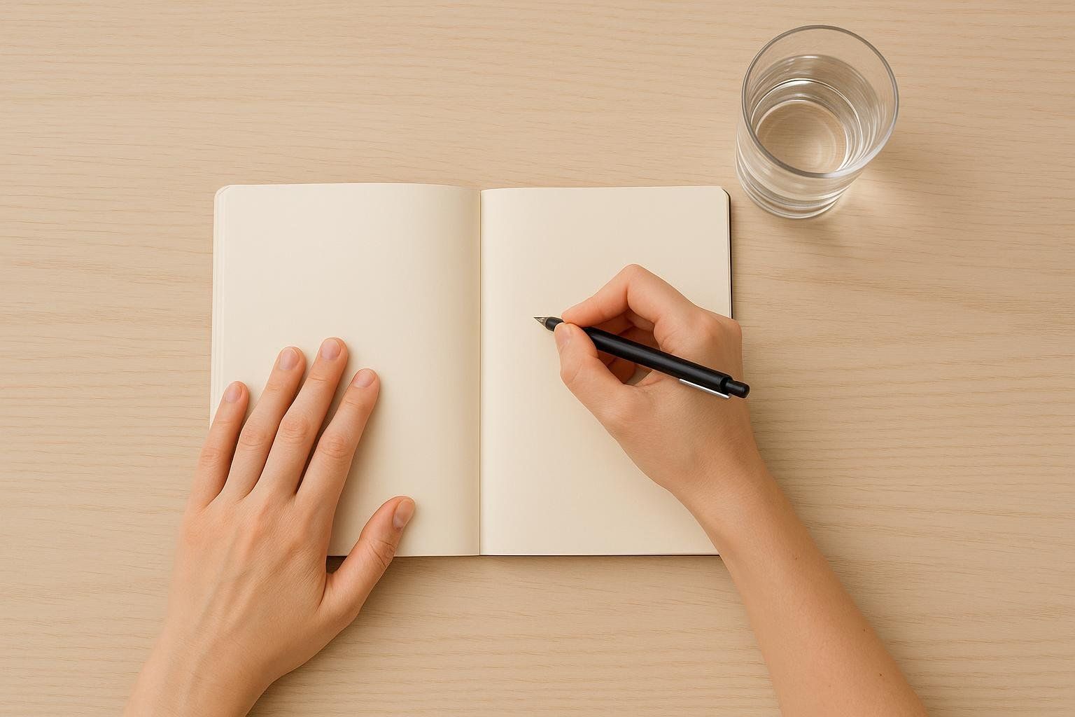 A person's hands writing in a journal next to a glass of water, illustrating the act of tracking symptoms for a doctor's appointment.