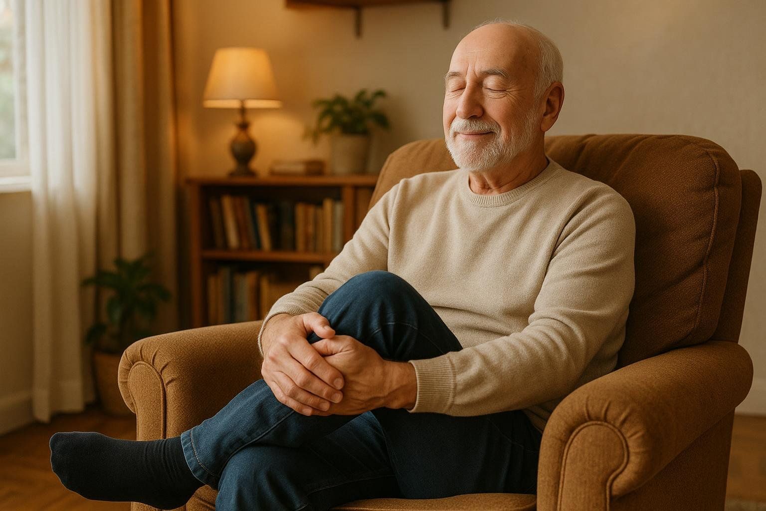 A smiling senior man with a beard sits comfortably in a brown armchair with his eyes closed, hands clasped over one knee, appearing relaxed and content in a cozy living room.