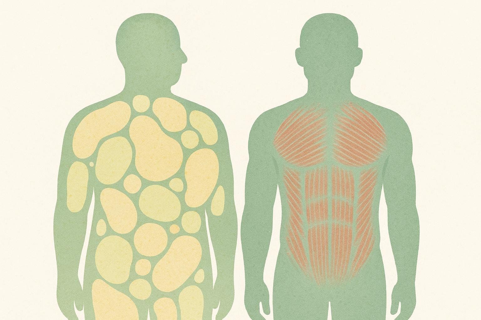 An illustration showing two human silhouettes. The silhouette on the left contains yellow, blob-like shapes representing high body fat. The silhouette on the right shows red striated patterns representing high muscle mass, contrasting body composition.