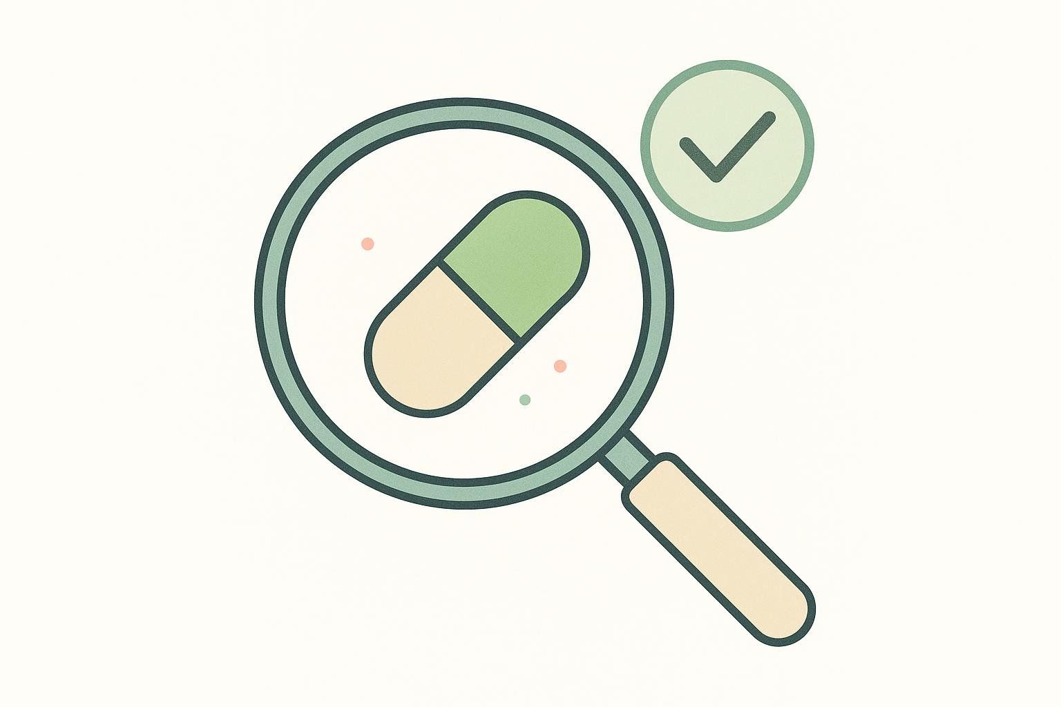 An illustration of a magnifying glass and a checkmark over a supplement capsule, symbolizing third-party testing for quality and purity.