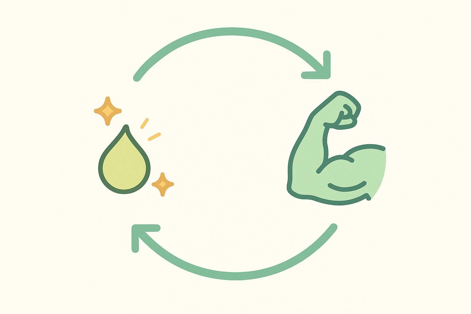 A circular diagram with two green arrows forming a cycle. On the left is a yellow droplet with sparkles, representing fat breakdown for energy (catabolism). On the right is a green flexing bicep, representing muscle building (anabolism).