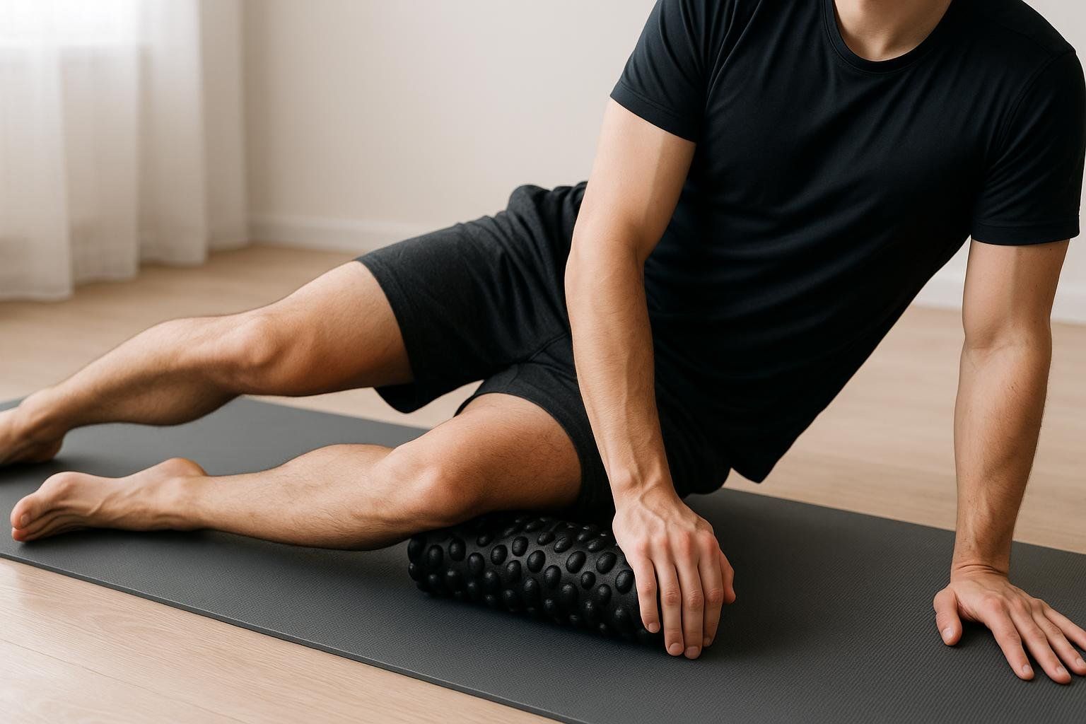 A man lies on his side on a grey yoga mat, wearing black shorts and a black t-shirt, using a black foam roller with textured bumps on his inner right thigh to massage adductor muscles. His left arm is bent to support himself, and his right hand rests on the foam roller.