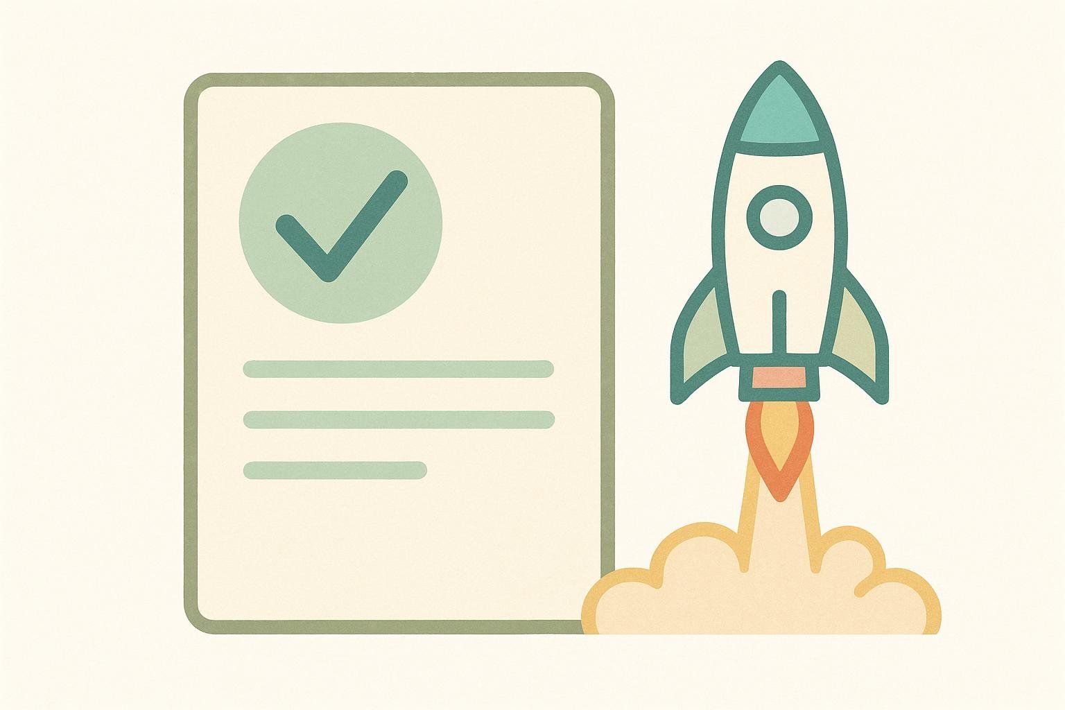 An illustration of a document with a green checkmark, symbolizing approval, next to a launching rocket, conveying concepts like fast approval, quick turnaround, or accelerated processes. The style is simple and clean.