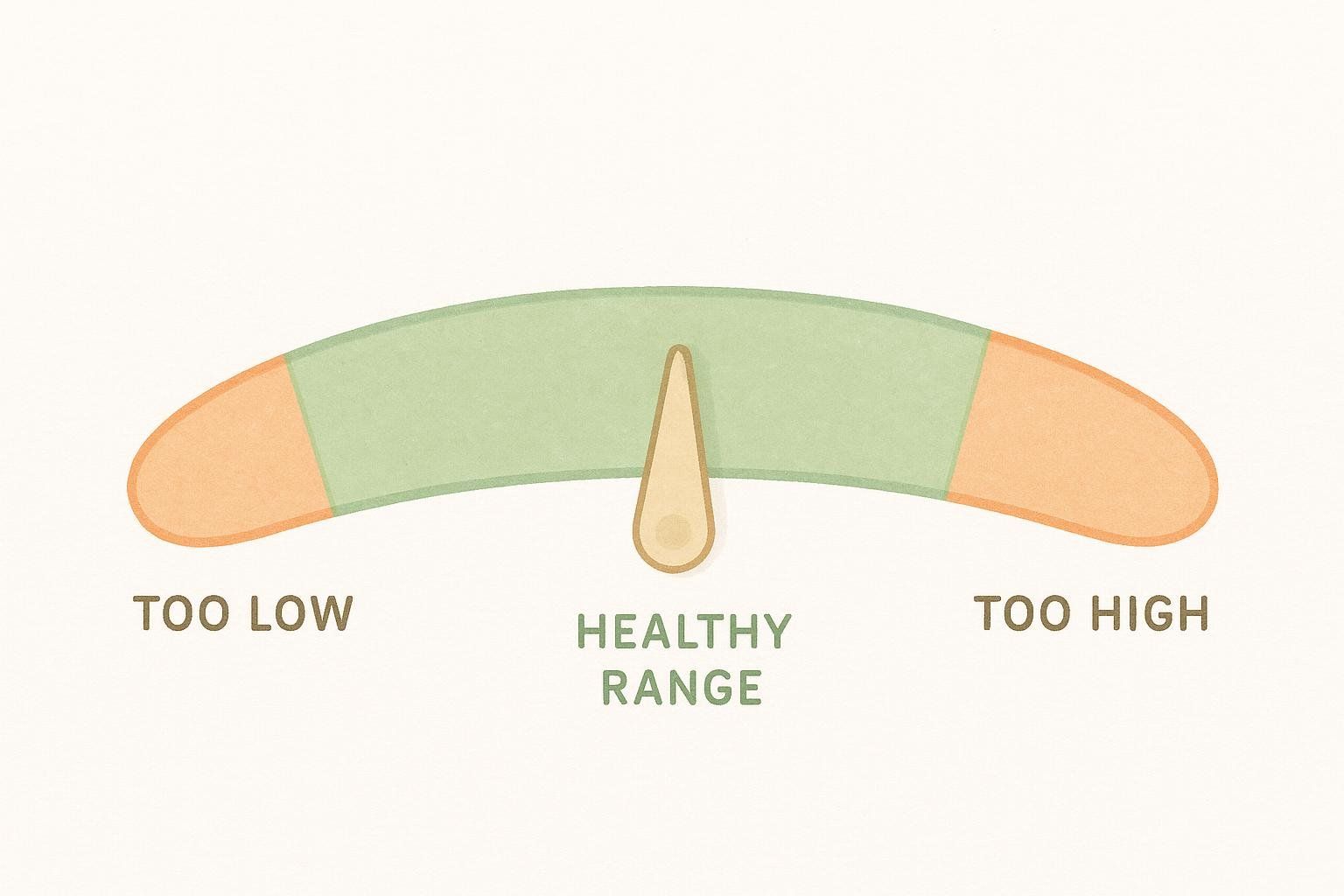 Illustration of a gauge with color-coded sections (orange for too low/high, green for healthy) indicating a healthy body fat percentage range, with the needle in the green healthy range.