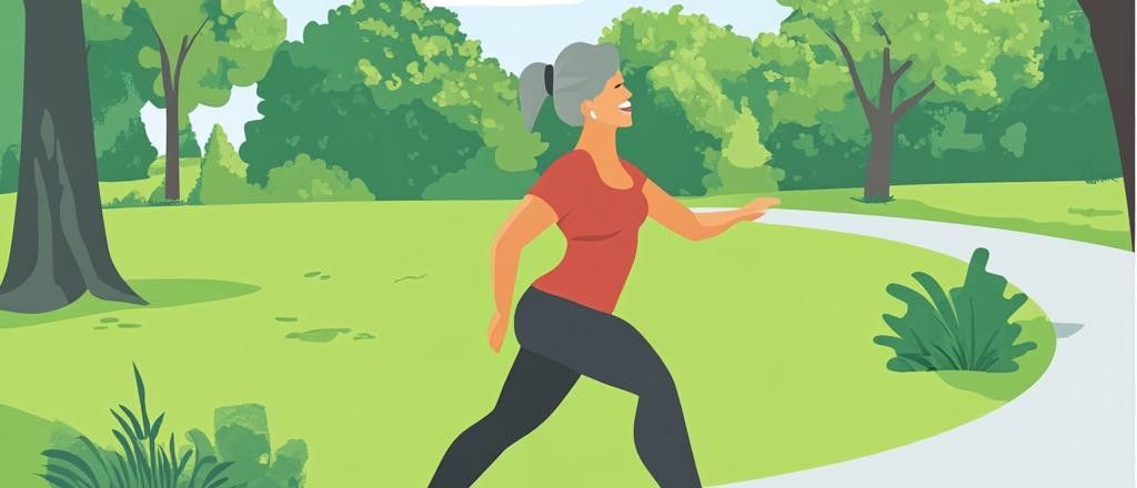 An illustration of an older woman with gray hair in a ponytail, wearing a red shirt and black leggings, walking on a path in a sunny park.