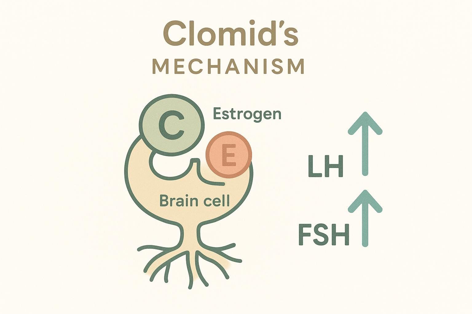 Diagram showing how Clomid blocks estrogen receptors on brain cells to increase levels of LH and FSH.