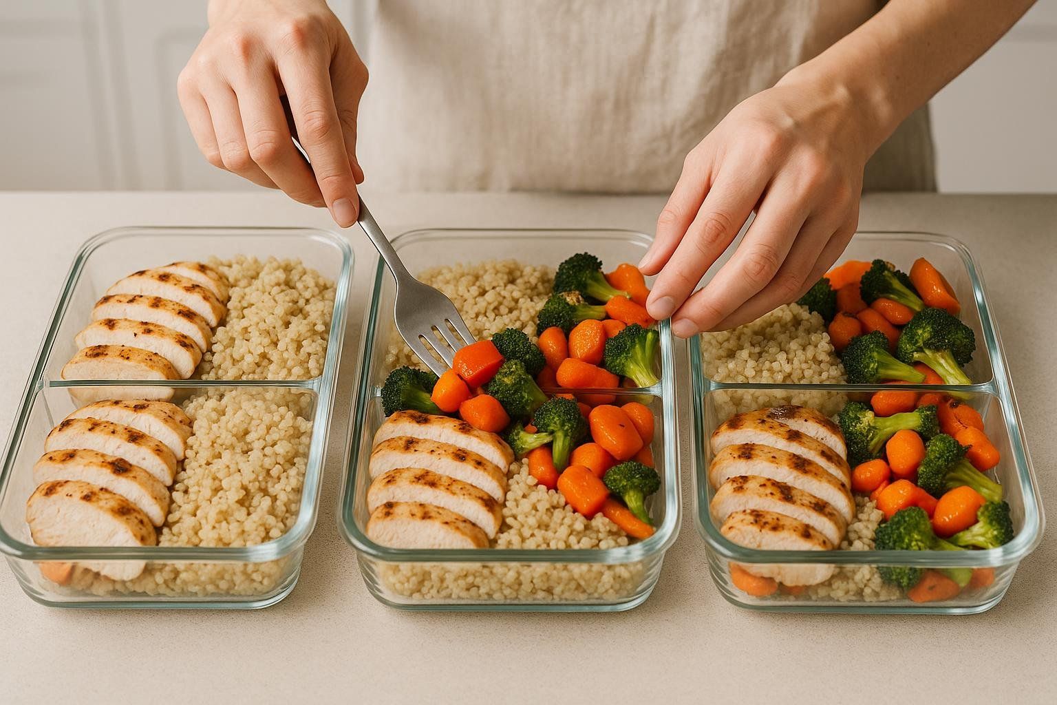 A person's hands filling glass meal prep containers with grilled chicken breast slices, couscous, broccoli, and carrots. One container is being topped with vegetables using a fork, while two other containers are already filled or partially filled, showcasing a healthy make-ahead meal.