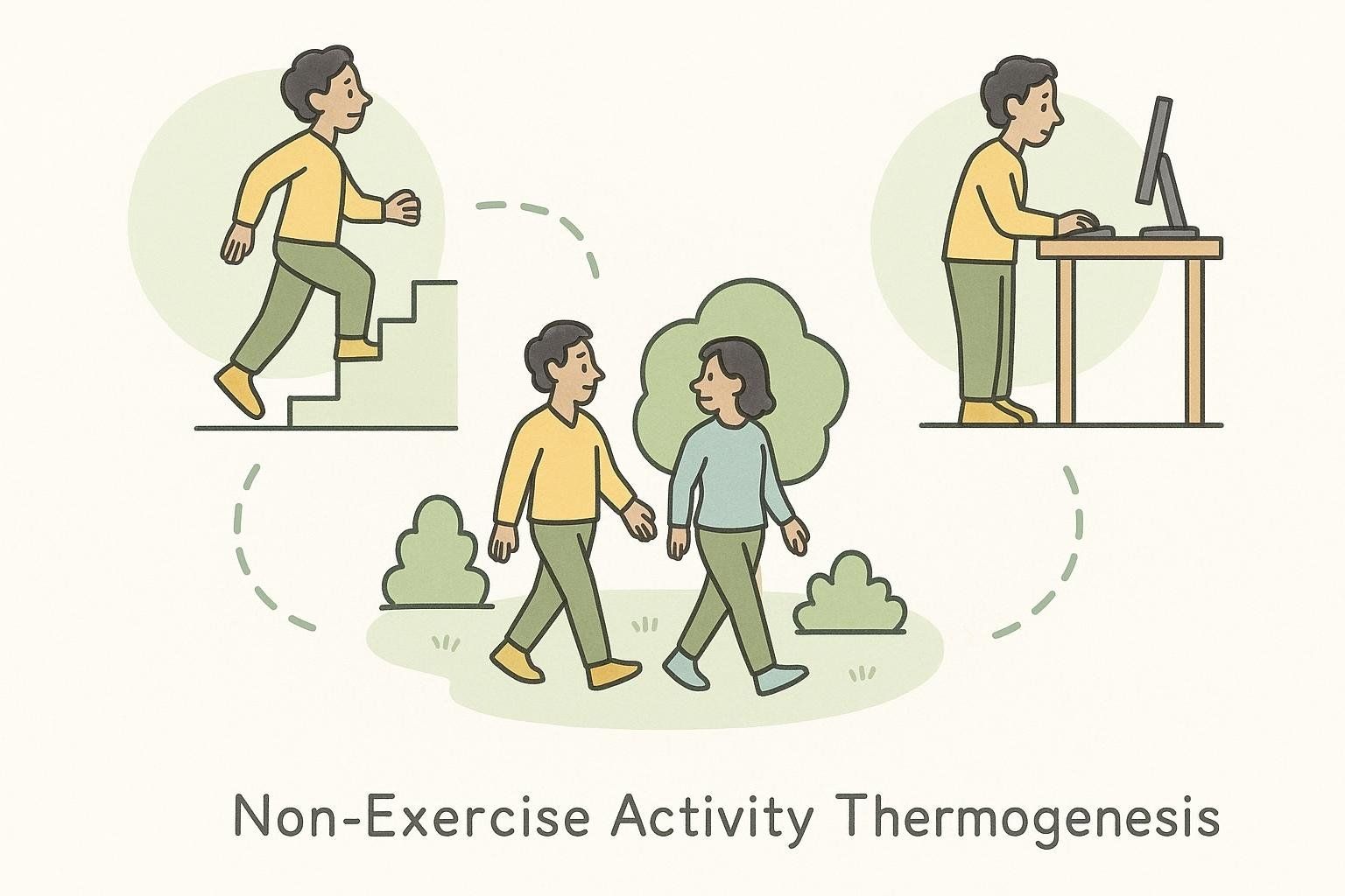 An illustration depicting various non-exercise activities that contribute to Non-Exercise Activity Thermogenesis (NEAT), including a person walking up stairs, two people walking outdoors, and a person standing at a desk while working on a computer.