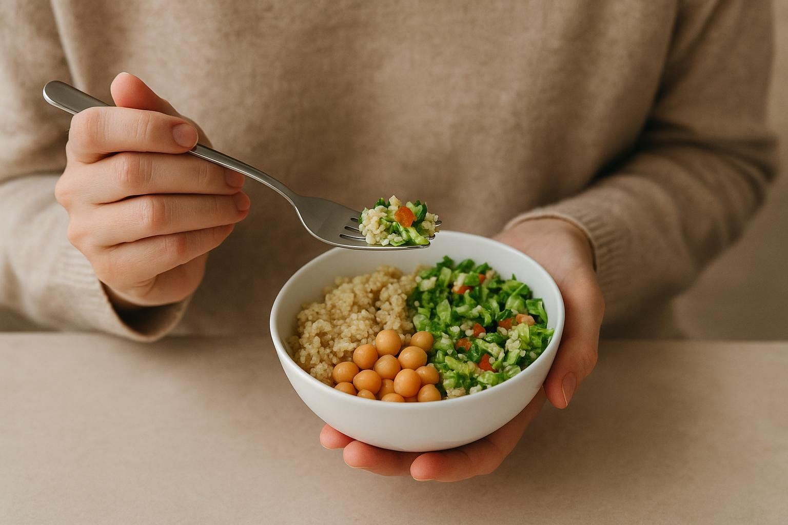 A person holding a bowl of healthy food, featuring quinoa, chickpeas, and a green salad, with a fork lifting a small portion of the salad.