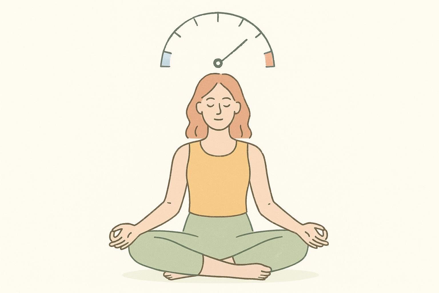 Illustration of a woman meditating in a cross-legged pose, with an energy meter above her head indicating moderate energy levels. The meter has regions of blue, white, and orange, suggesting a range of energy.