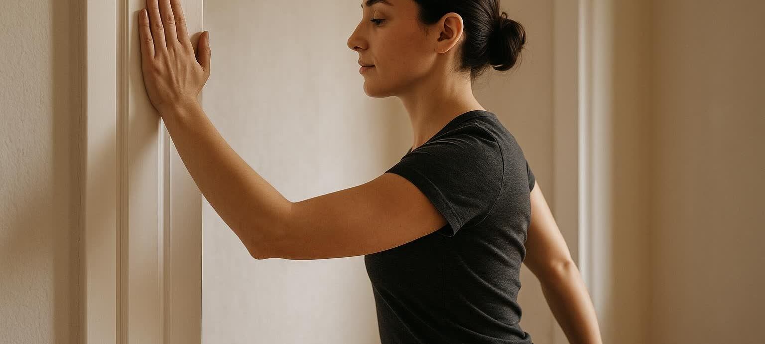 Person performing a gentle chest stretch in a doorway for muscle relief.