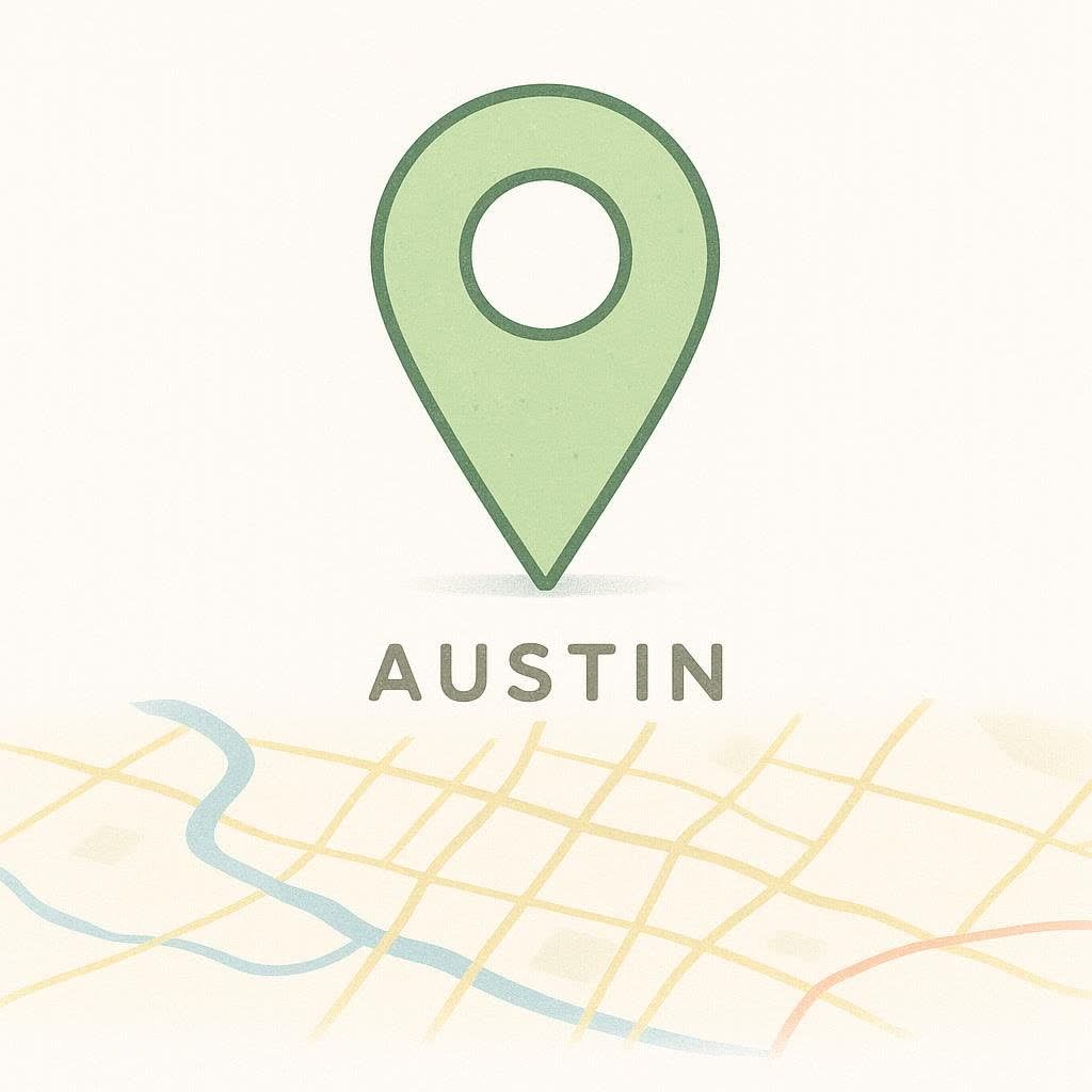 A minimalist green location pin icon above the word "Austin" and a stylized map.