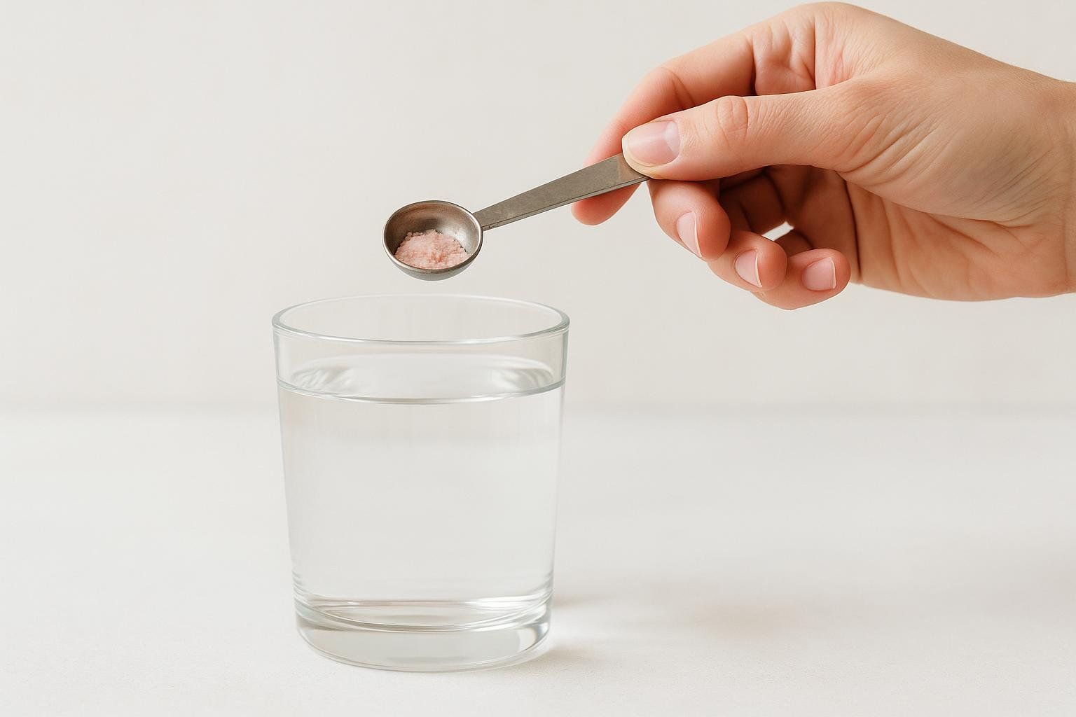 A close-up of a hand holding a small measuring spoon filled with pink Himalayan salt, poised above a glass of clear water, illustrating the process of making a pink salt drink.