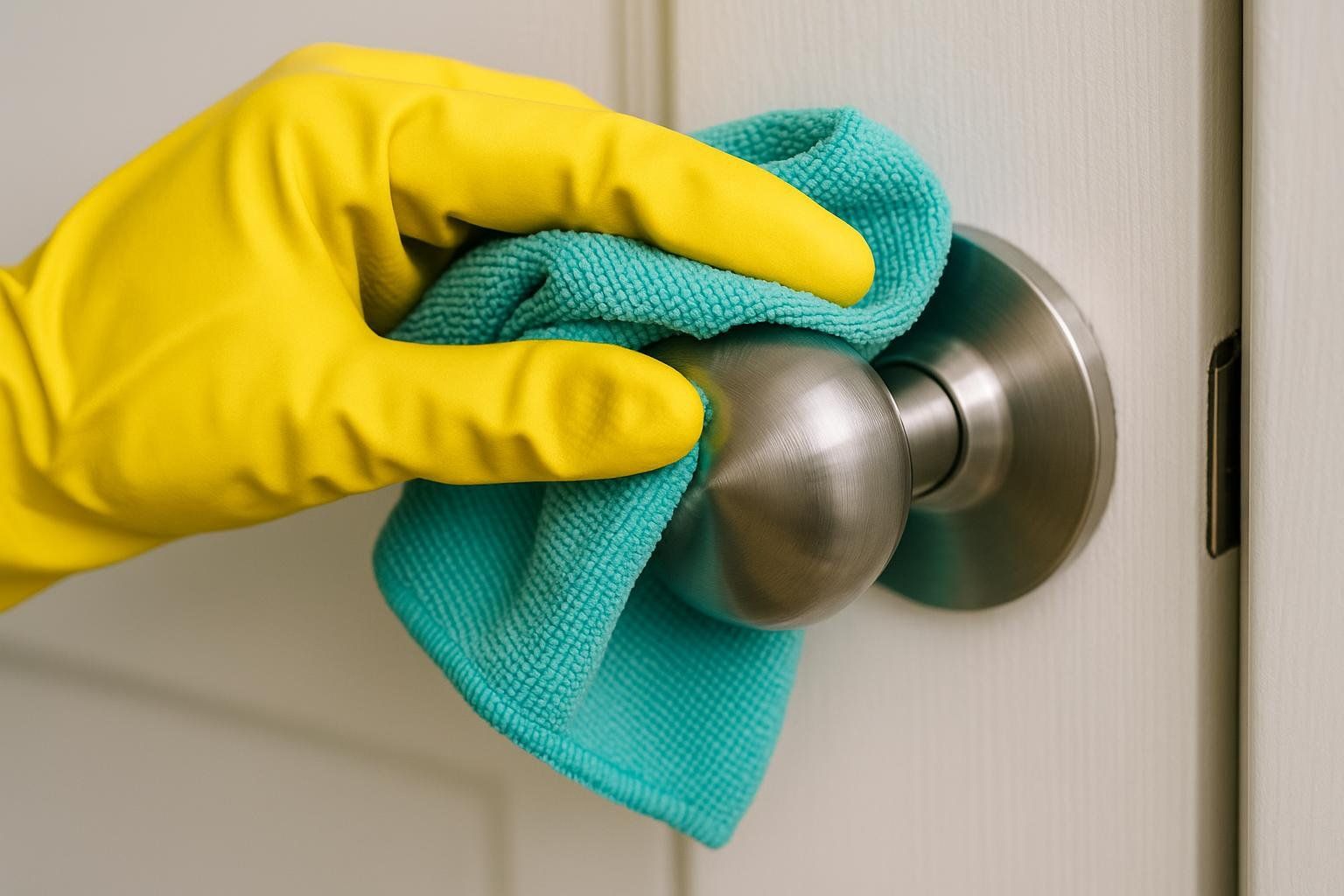 A person wearing a bright yellow glove is cleaning a brushed metal doorknob with a blue microfiber towel. The doorknob is attached to a light-colored door, emphasizing a focus on hygiene and disinfection.