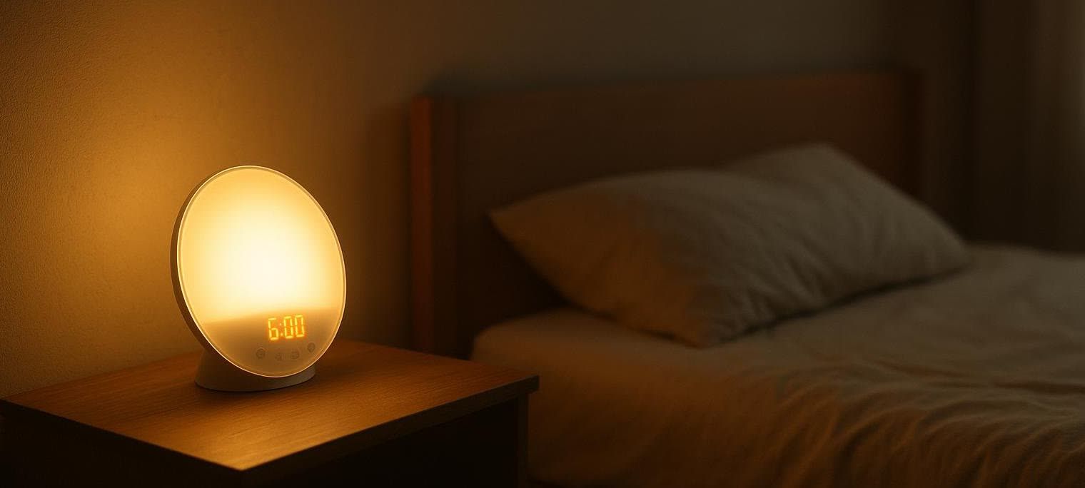 A circular sunrise alarm clock glowing with warm light and displaying '6:00' on a nightstand beside a bed in a dark bedroom.