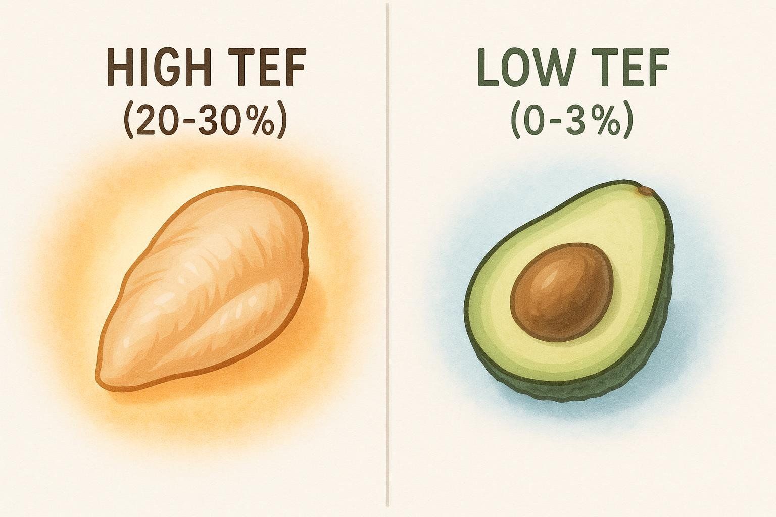 An illustration comparing the thermic effect of food (TEF) for protein and fat. A chicken breast is labeled 'HIGH TEF (20-30%)' on the left, and a halved avocado is labeled 'LOW TEF (0-3%)' on the right, illustrating that protein requires more energy to digest than fat.