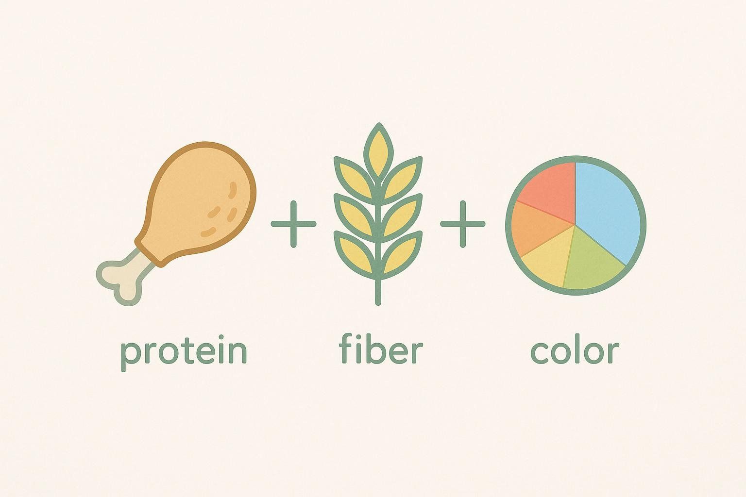 An illustration showing icons for protein (a chicken leg), fiber (a stalk of wheat), and colorful produce (a pie chart with various colors), representing the formula for a balanced, brain-healthy meal.