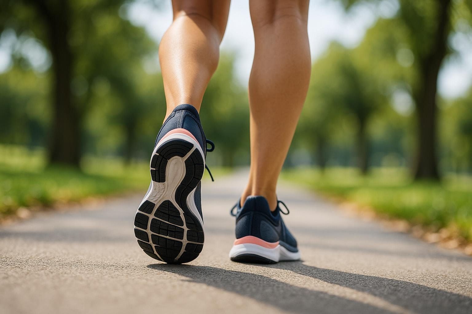 Close-up of a person's legs and feet in blue and pink sneakers walking on a paved path through a park. The ground is asphalt, and trees and grass are visible in the blurred background.