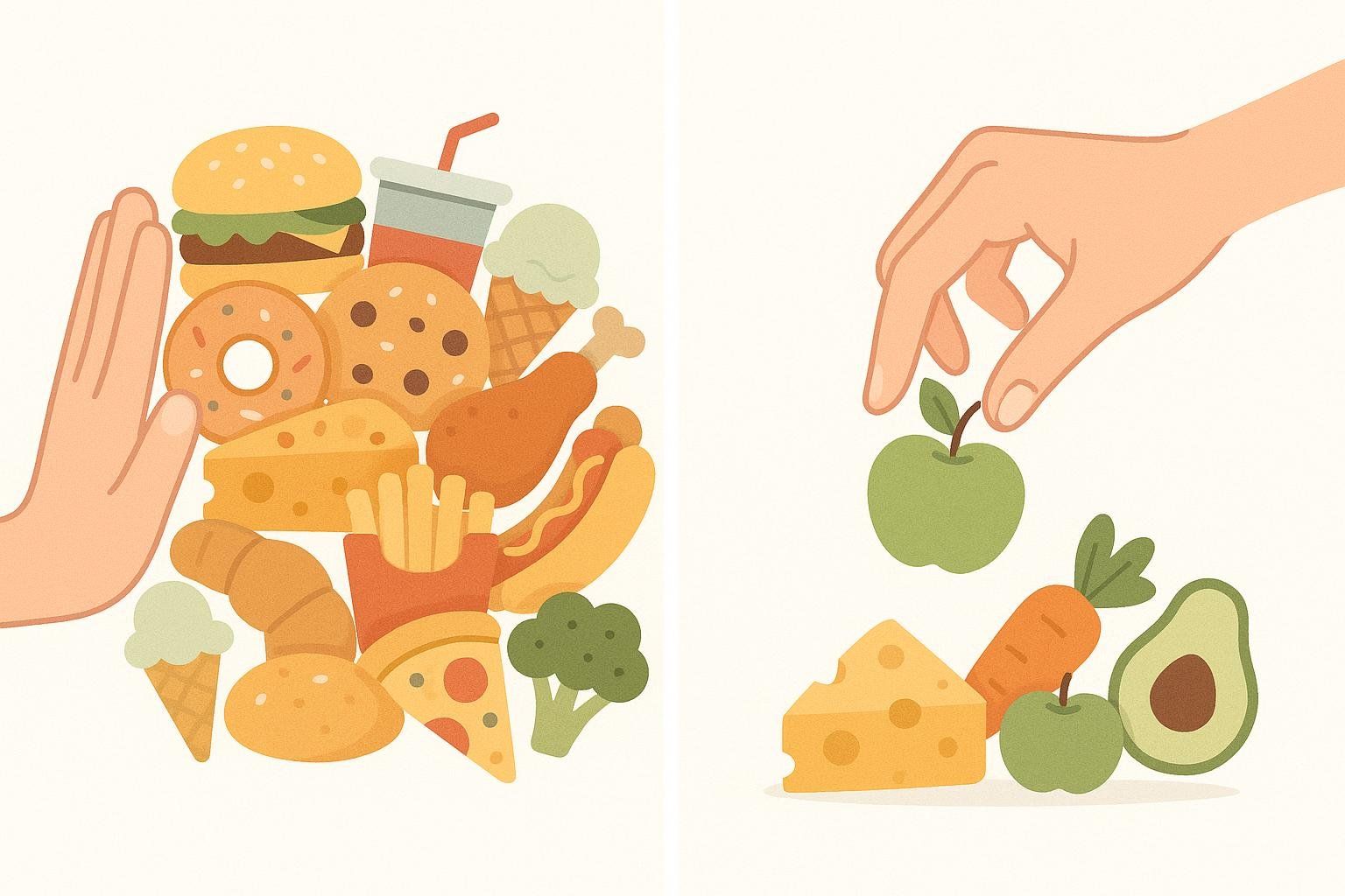 A two-panel illustration showing the low-FODMAP diet process: first, restricting many foods, and second, carefully reintroducing them one by one.