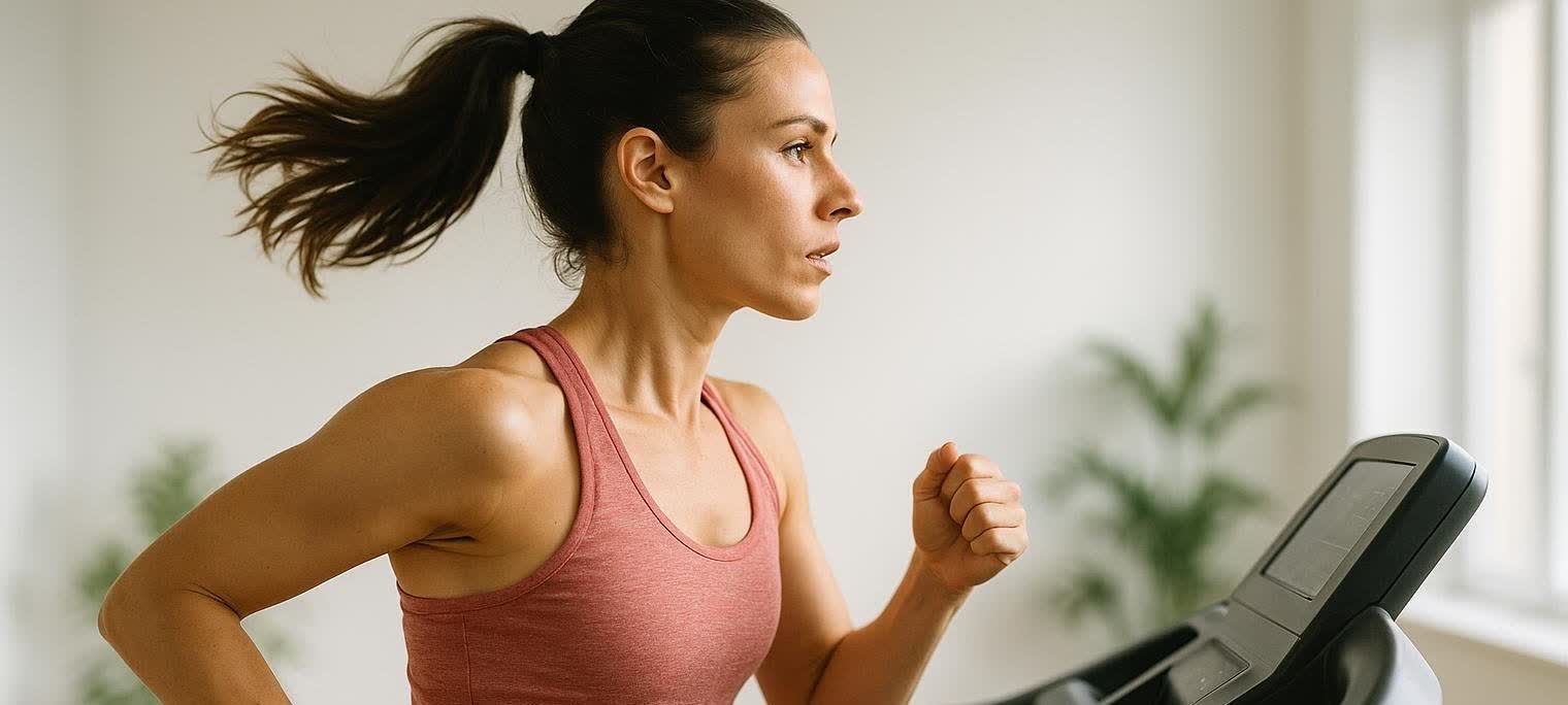 A woman with her hair in a ponytail runs on a treadmill, looking focused and determined. She is wearing a pink sports bra, and the background suggests she is in a well-lit home gym.