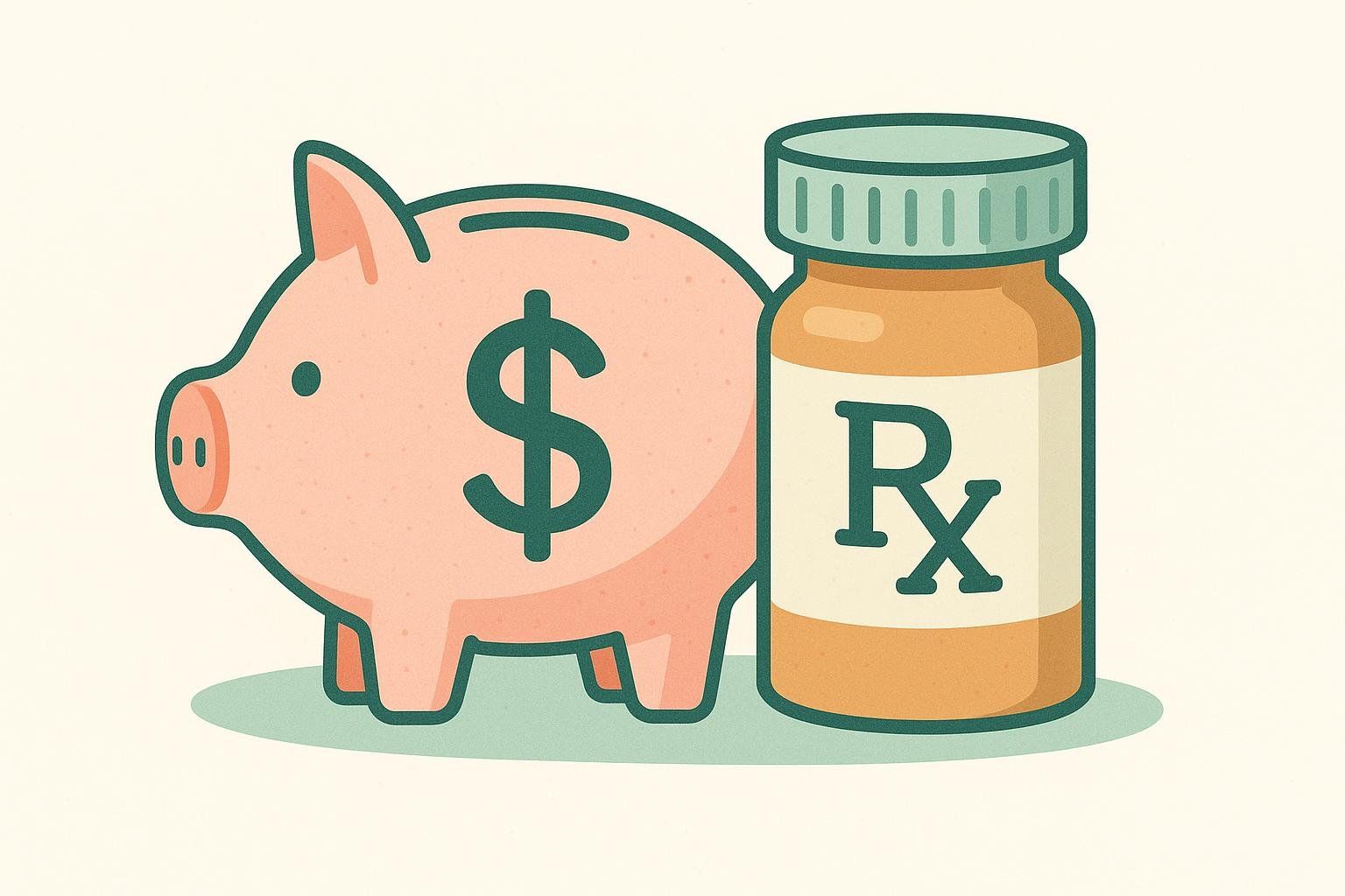 Illustration of a piggy bank with a dollar sign on its side next to a prescription bottle with the Rx symbol. This represents the cost and savings programs for Qsymia.