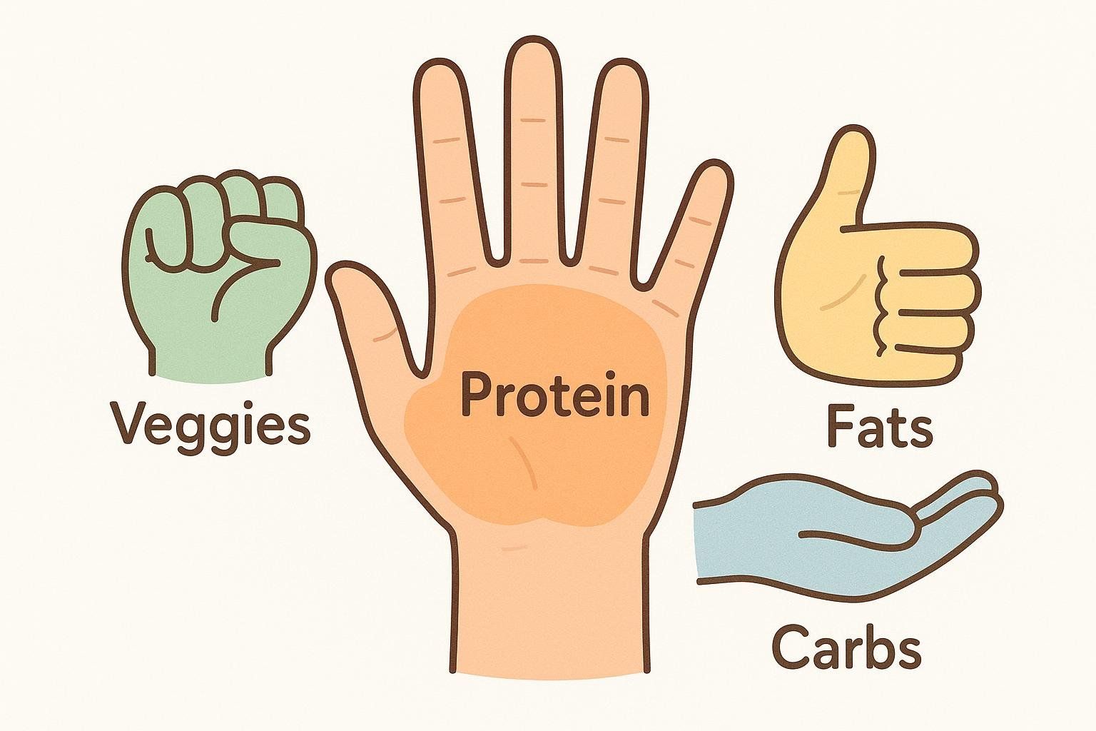 An illustration showing how to use your hand to estimate portion sizes for different food groups. A clenched fist represents veggies, an open palm represents protein, a thumb represents fats, and a cupped palm represents carbs.