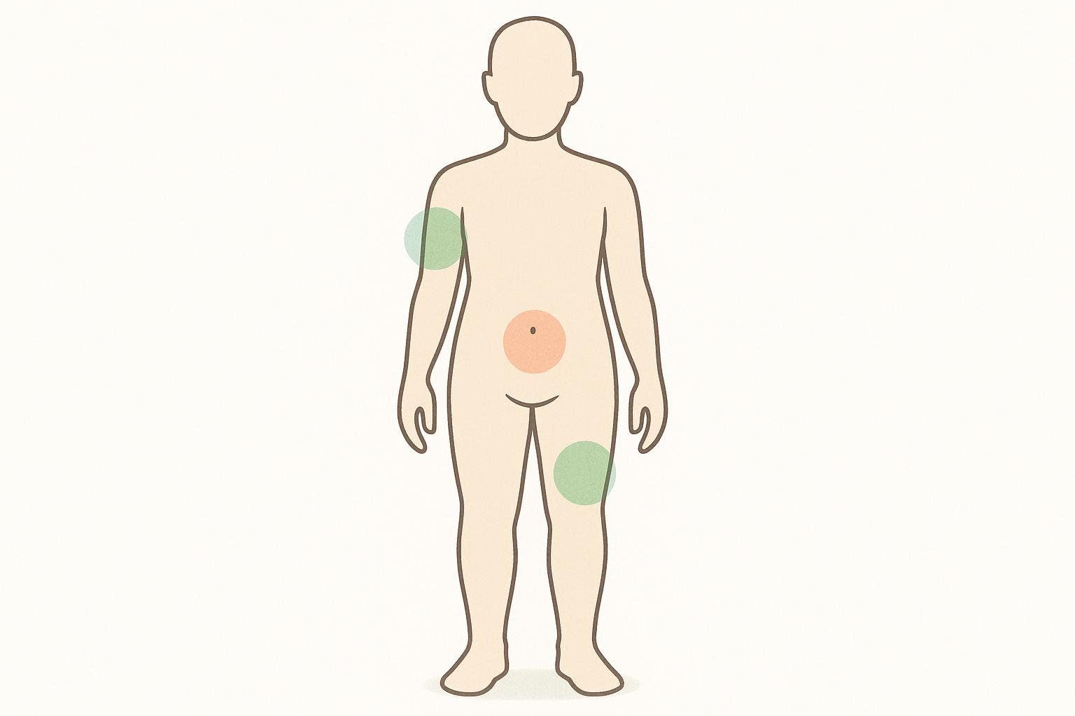 A diagram showing the three recommended injection sites for Wegovy on a human silhouette: the abdomen, front of the thigh, and back of the upper arm.