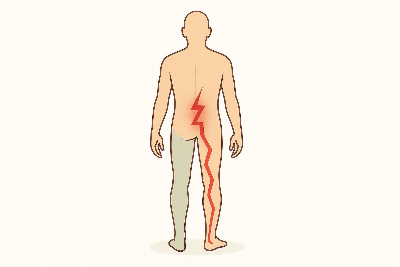 Illustration from a posterior view of a human figure showing the path of sciatic pain. A red lightning bolt-shaped path descends from the lower back of the figure down the right leg, reaching the foot. The left buttock and upper thigh are shaded light green.