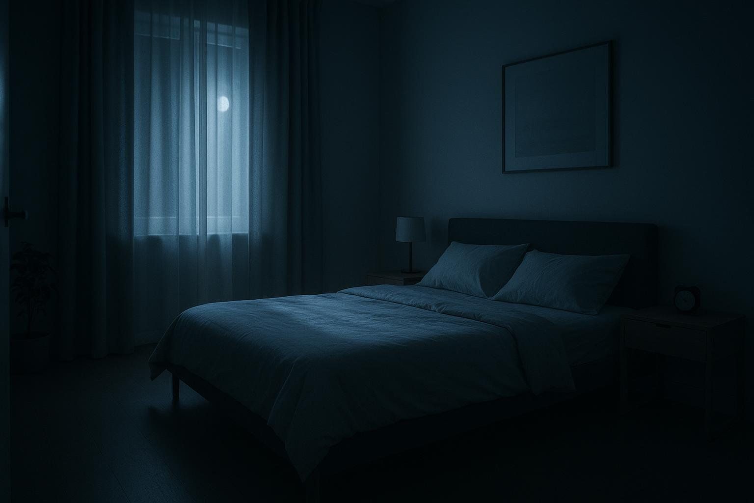 A calm, dark bedroom with deep blue tones, illuminated by moonlight filtering through sheer curtains. A bed with white linens is in the center, and a nightstand with a lamp sits beside it, creating a peaceful ambiance for sleep.