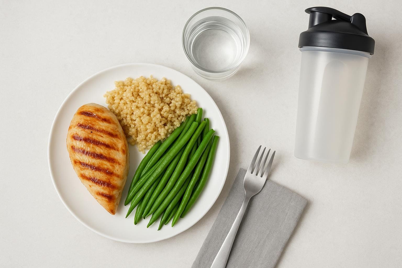 A white plate with a grilled chicken breast, a serving of quinoa, and green beans, accompanied by a glass of water and a protein shaker bottle, all on a light background. This represents a healthy, balanced meal.