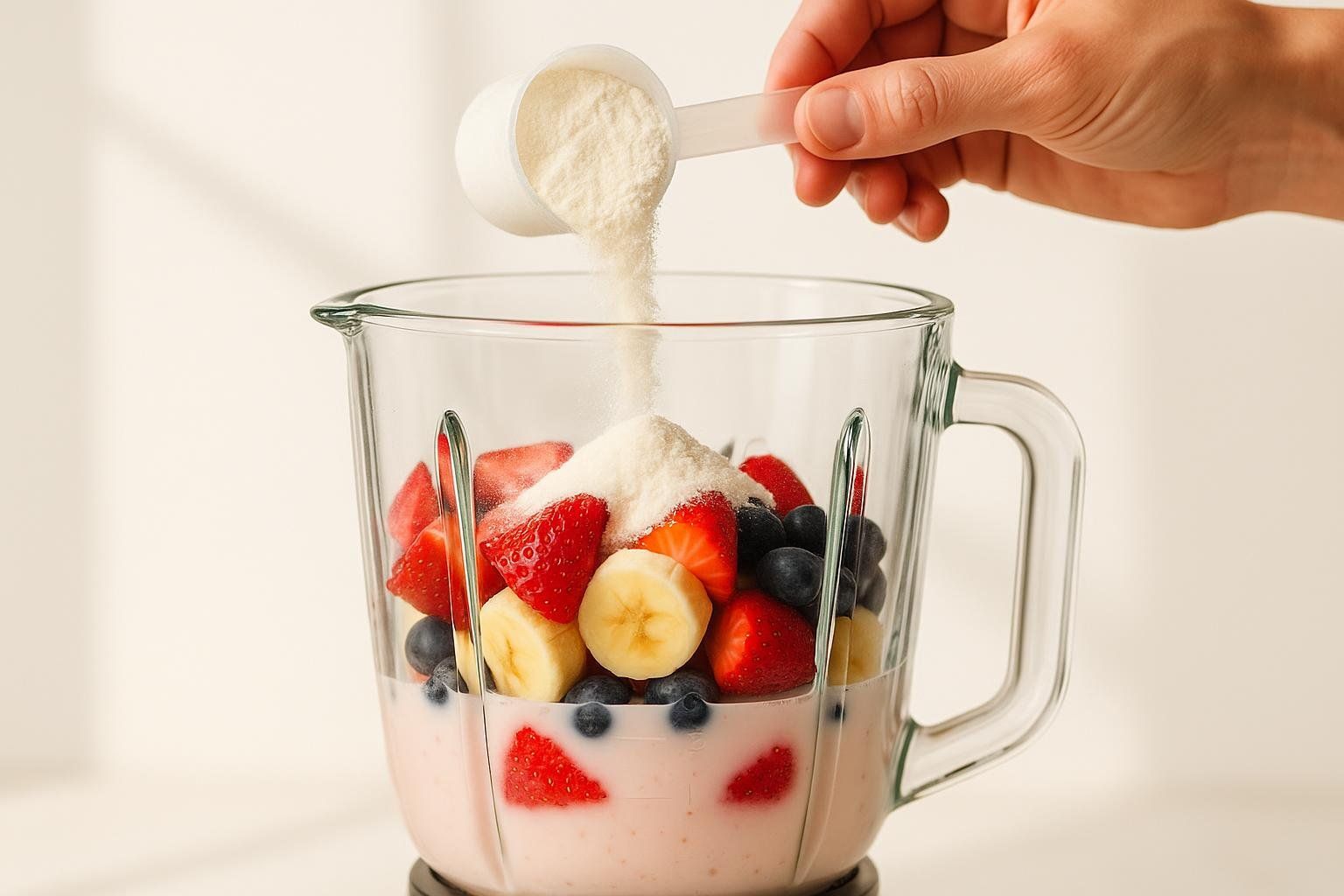 Collagen powder being added to a healthy smoothie, representing a legal and effective peptide supplement alternative.