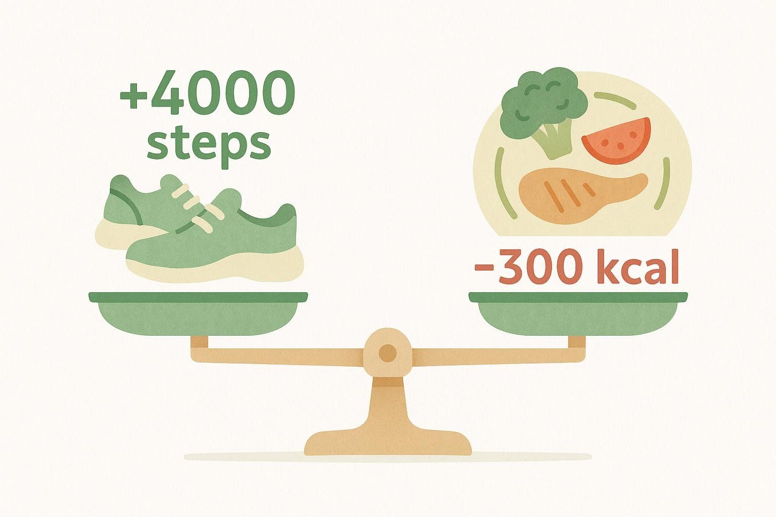 Illustration of a balance scale showing 'plus 4000 steps' and a pair of running shoes on one side, and 'minus 300 kcal' with an image of vegetables and fruit on the other, representing a balanced approach to weight loss.