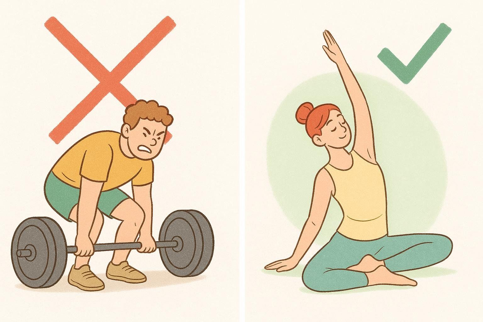 An illustration comparing heavy exercise and light stretching. On the left, a man lifts a heavy barbell with a red X over him, indicating it's not recommended. On the right, a woman sits calmly performing a light stretch with a green checkmark over her, indicating it's recommended, likely before a medical scan.